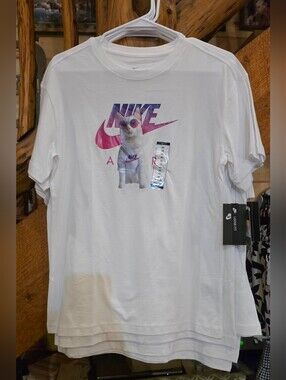 Nike White T-Shirt with Pink-Purple Logo and Cat Graphic